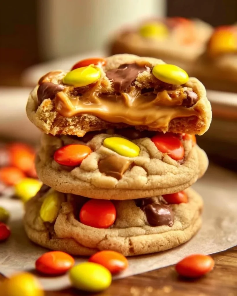 Peanut butter-stuffed mini cookies with Reese's Pieces on a plate