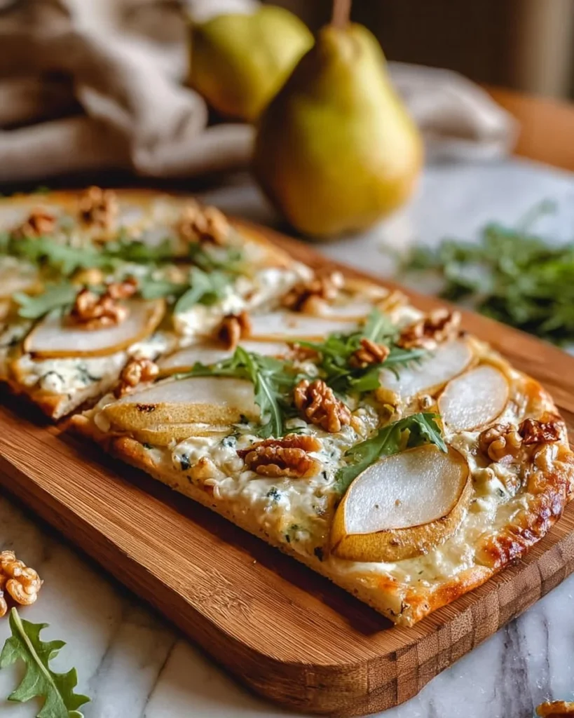 Pear, gorgonzola, and walnut flatbread garnished with fresh herbs