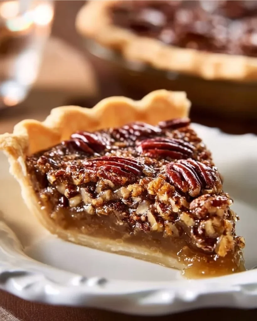 Delicious slice of homemade pecan pie with a golden crust and caramel filling