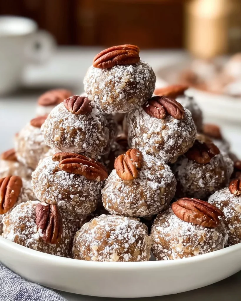 Pecan pie balls served on a plate, showcasing their delectable texture and flavor