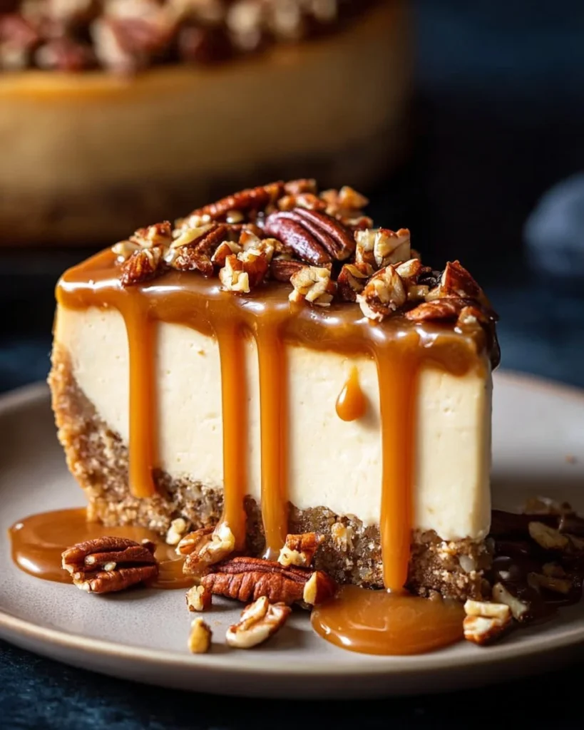 Delicious homemade pecan pie cheesecake topped with pecans and caramel