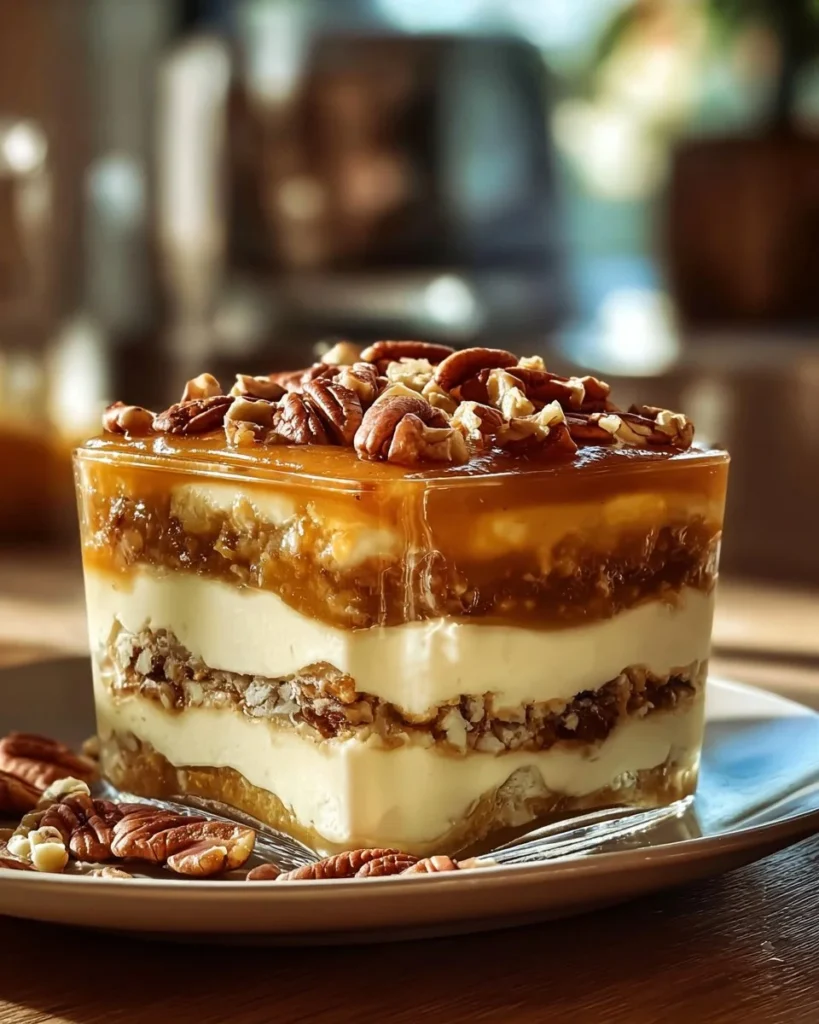 Delicious Pecan Pie Lasagna layered with creamy filling and pecans