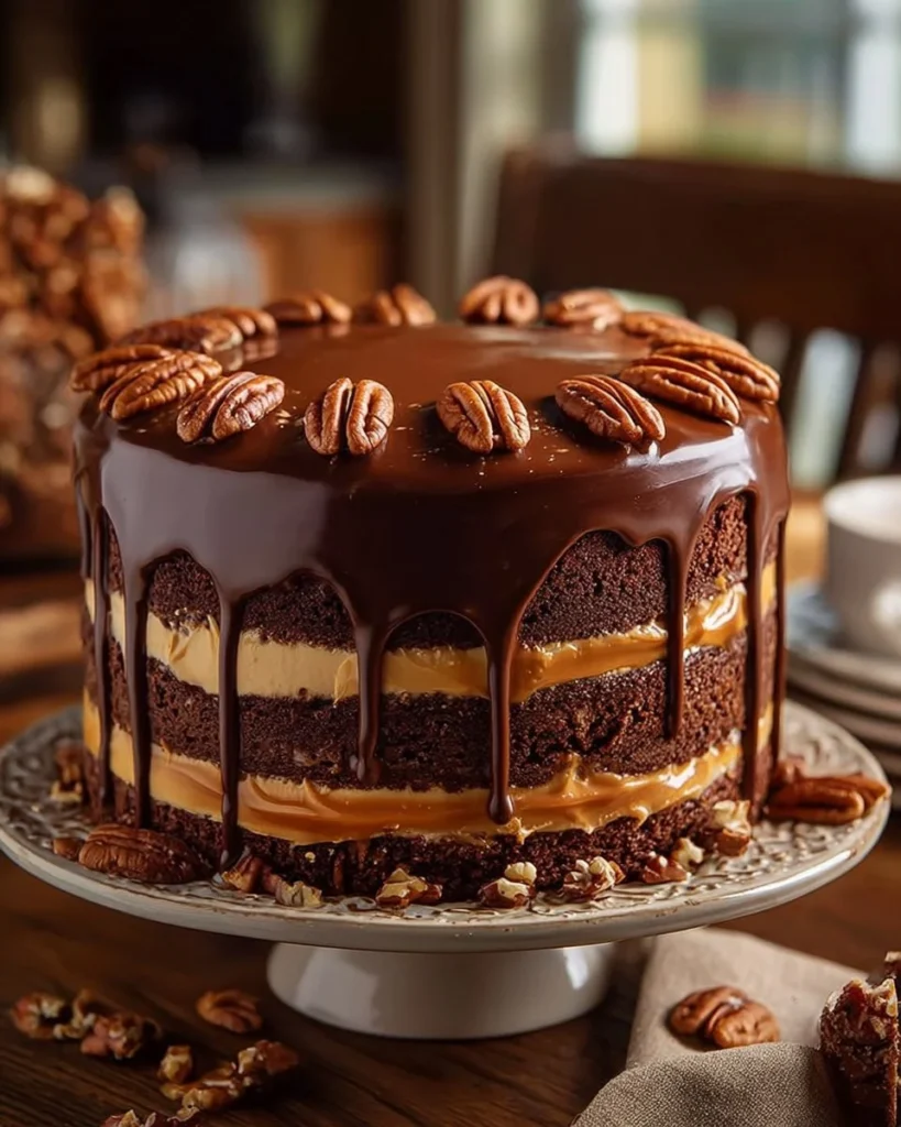 Delicious Pecan Pie Layer Cake with rich toppings and layers of pecan flavor