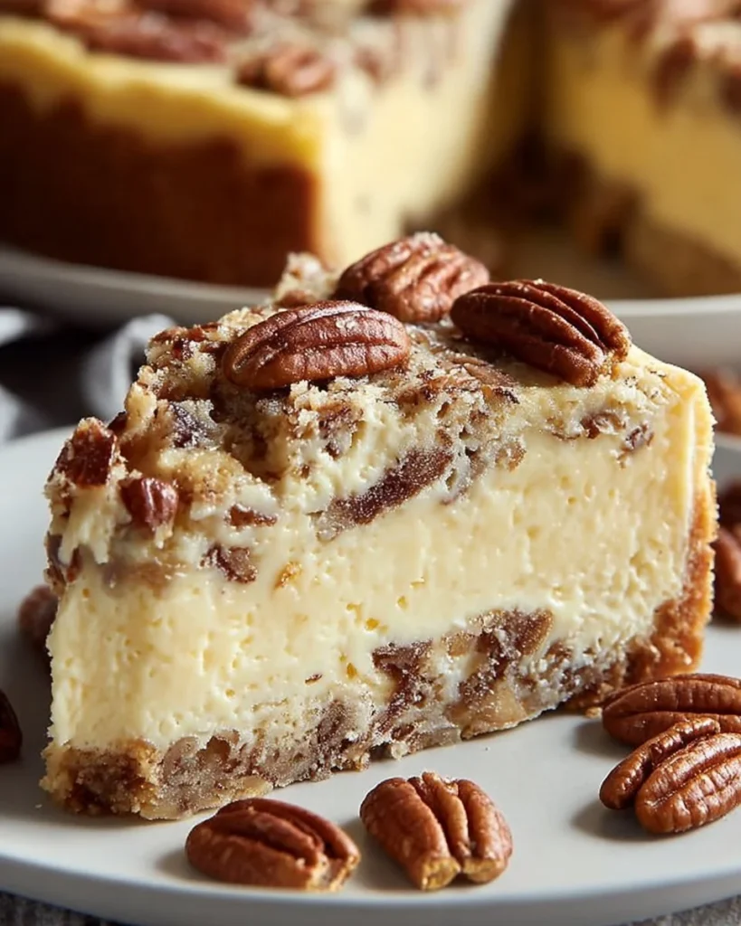 Delicious pecan praline cheesecake topped with caramel and pecans