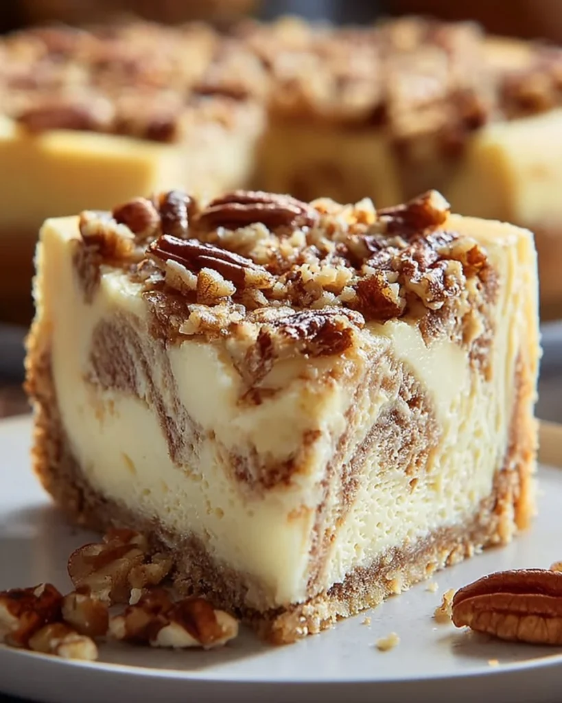 Slice of Pecan Praline Cheesecake topped with caramel and pecans