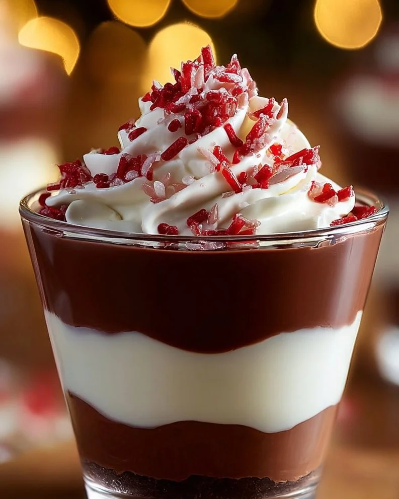 Peppermint Chocolate Mousse Cups garnished with mint leaves and cocoa powder