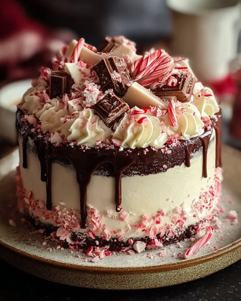 Delicious peppermint ice cream cake topped with whipped cream and chocolate shavings