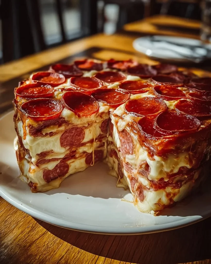 Pepperoni pizza layer cake with cheese and toppings, showcasing a creative dessert