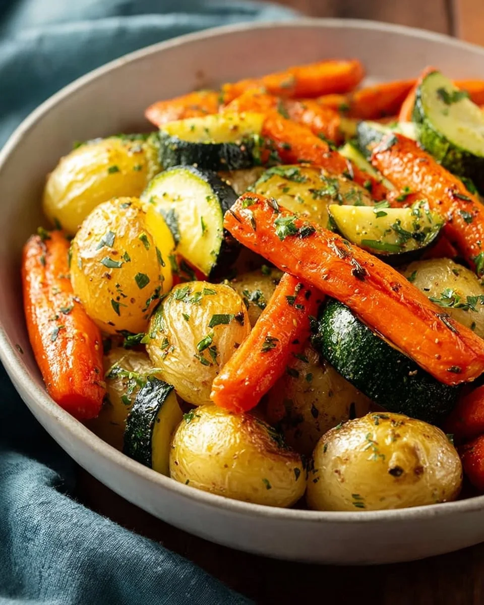 A colorful array of perfectly roasted vegetables on a baking tray