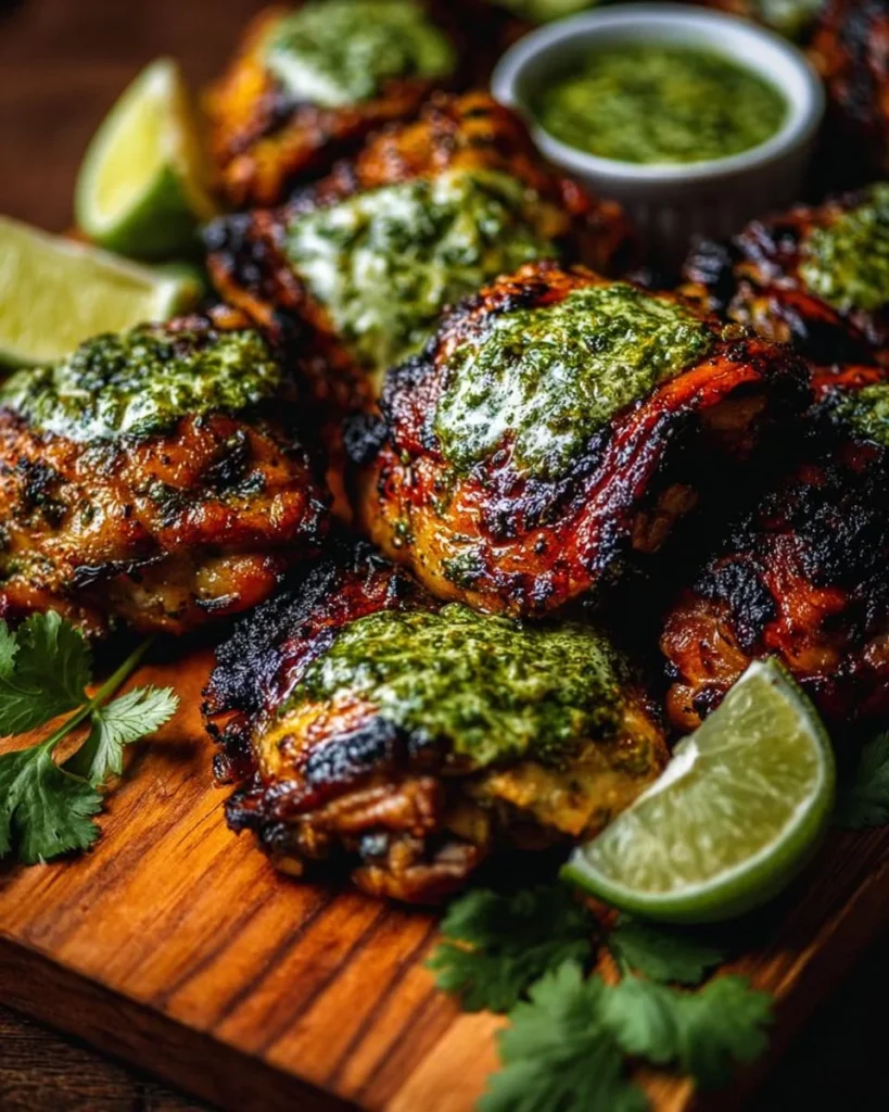 Plate of Peruvian chicken served with creamy green sauce and fresh herbs