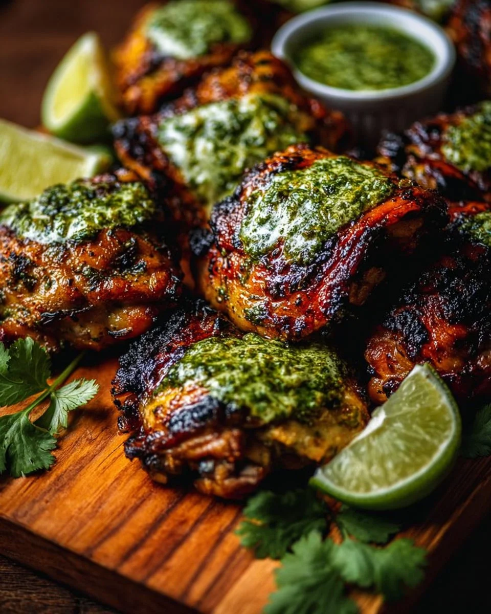 Plate of Peruvian chicken served with creamy green sauce and fresh herbs
