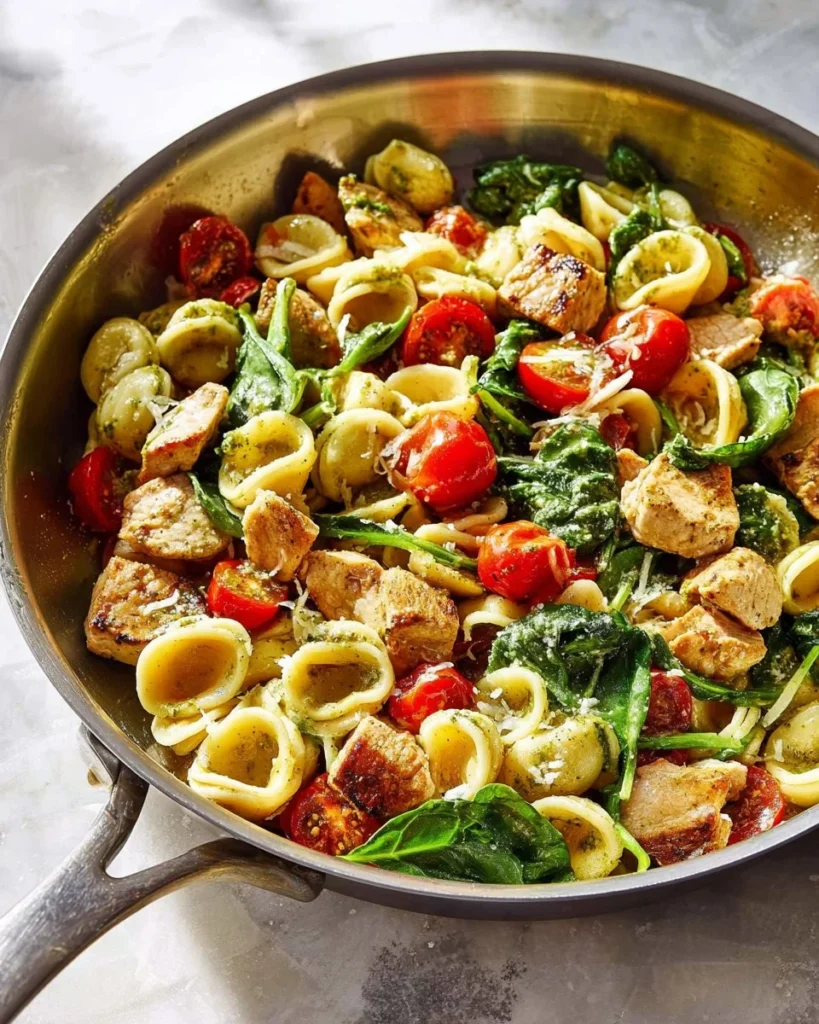 A plate of pesto chicken pasta garnished with basil and pine nuts.