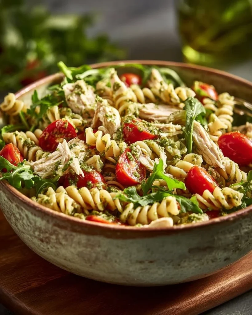 Pesto chicken pasta salad served in a bowl with fresh ingredients.