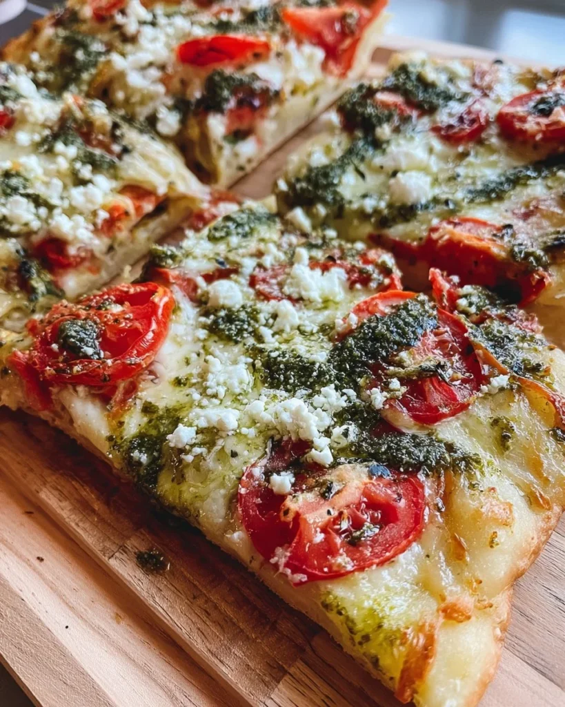 Delicious Pesto Chicken Pizza topped with fresh basil, chicken, and cheese
