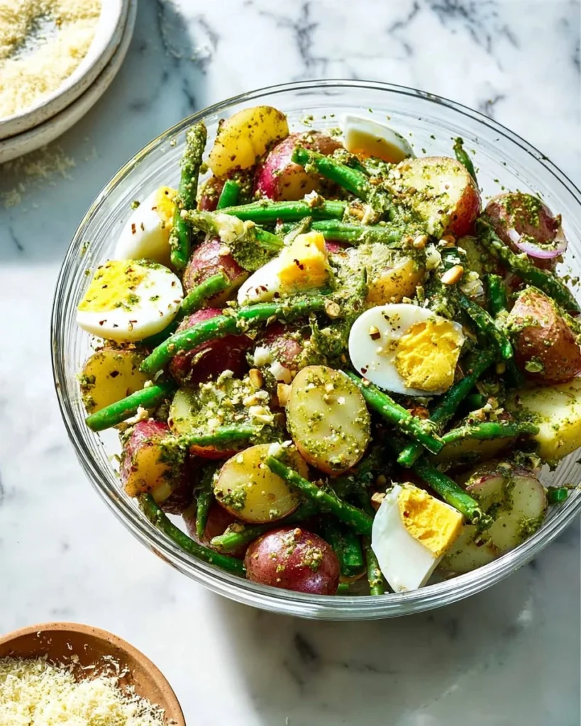 Pesto potato salad with fresh herbs and colorful vegetables in a bowl.