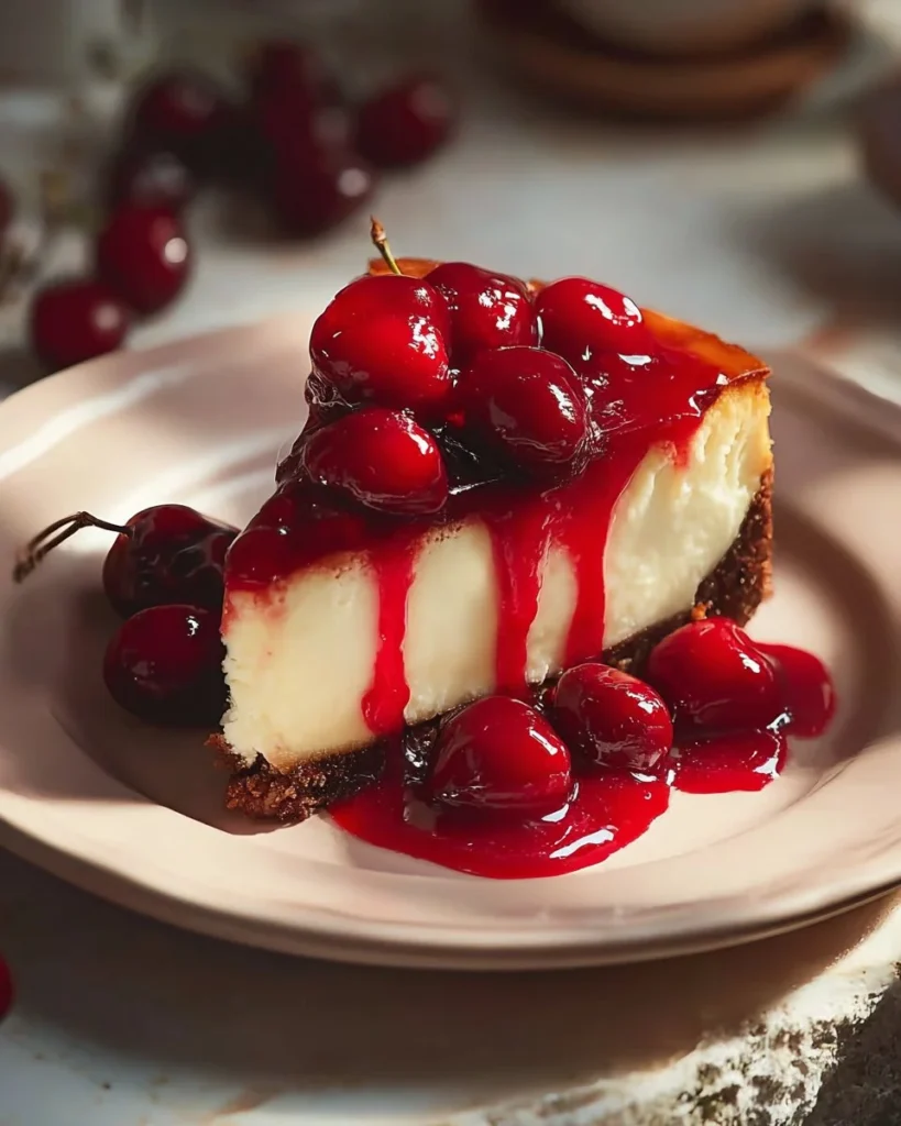 Delicious slice of Philadelphia Cherry Cheesecake topped with fresh cherries