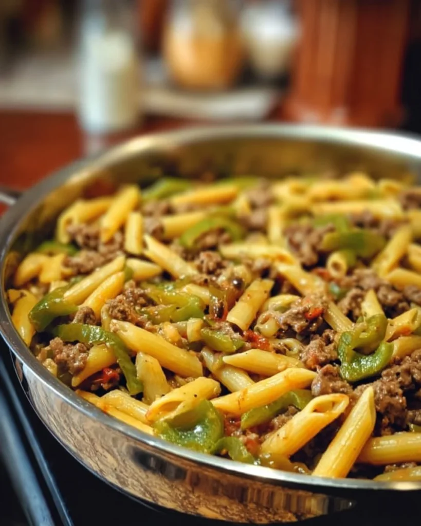 A bowl of Philly Cheesesteak Pasta topped with cheese and peppers.