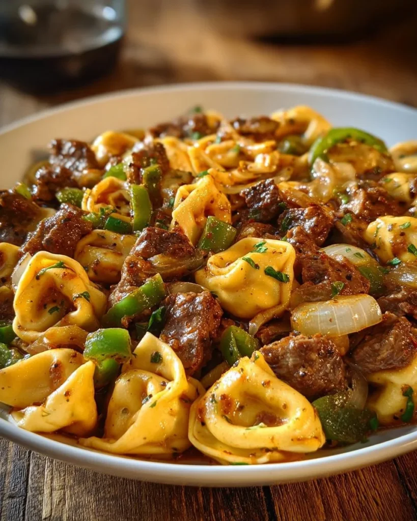 Delicious Philly Cheesesteak Tortellini Pasta served in a bowl