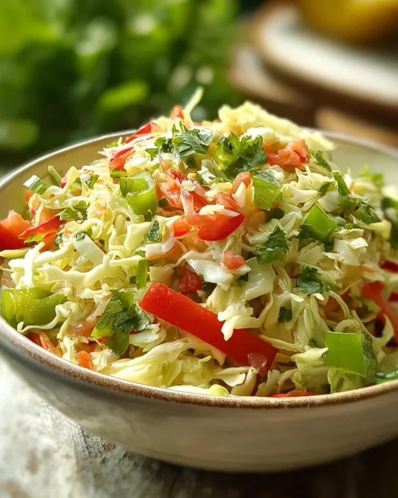 Bowl of Picnic Marinated Summer Slaw with fresh vegetables and dressing