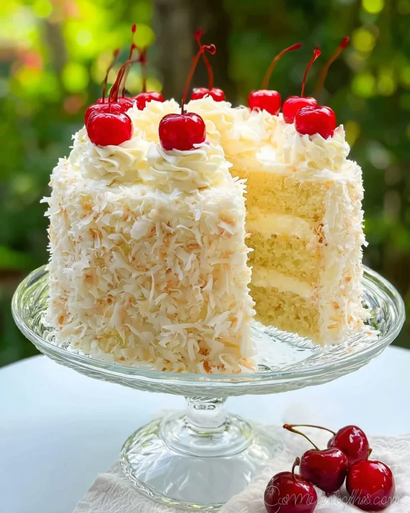 Delicious Piña Colada Cake with pineapple and coconut topping