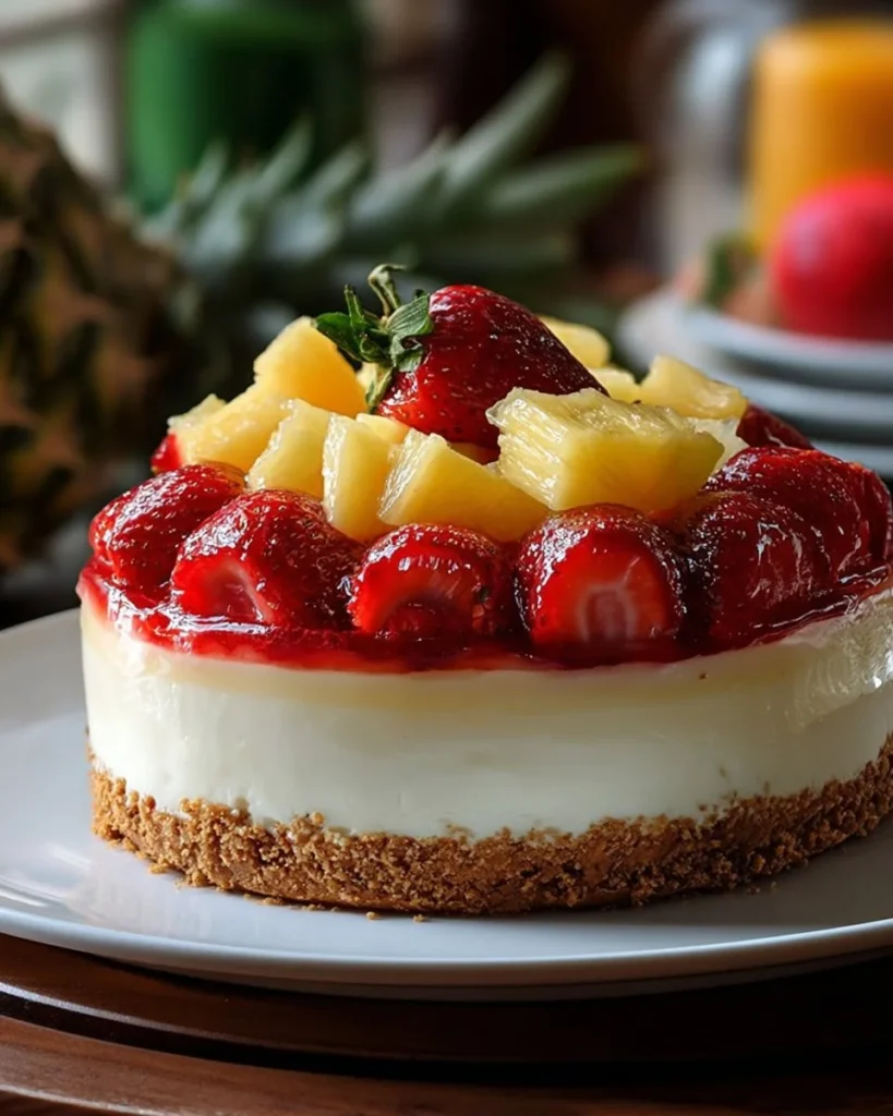 Delicious Pina Colada Cheesecake with coconut and pineapple toppings