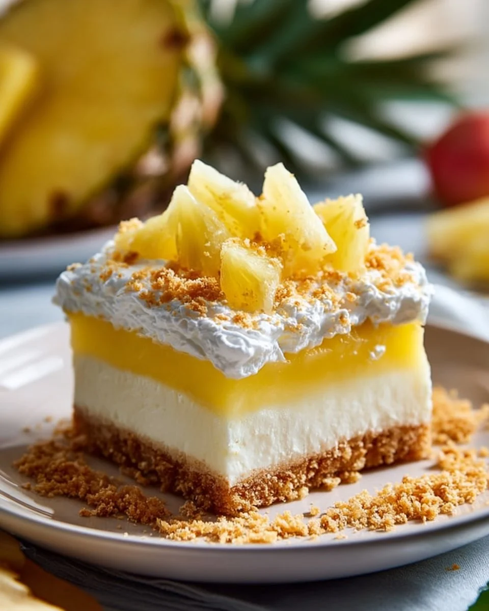 Delicious Pina Colada Cheesecake Bars with tropical coconut and pineapple flavors