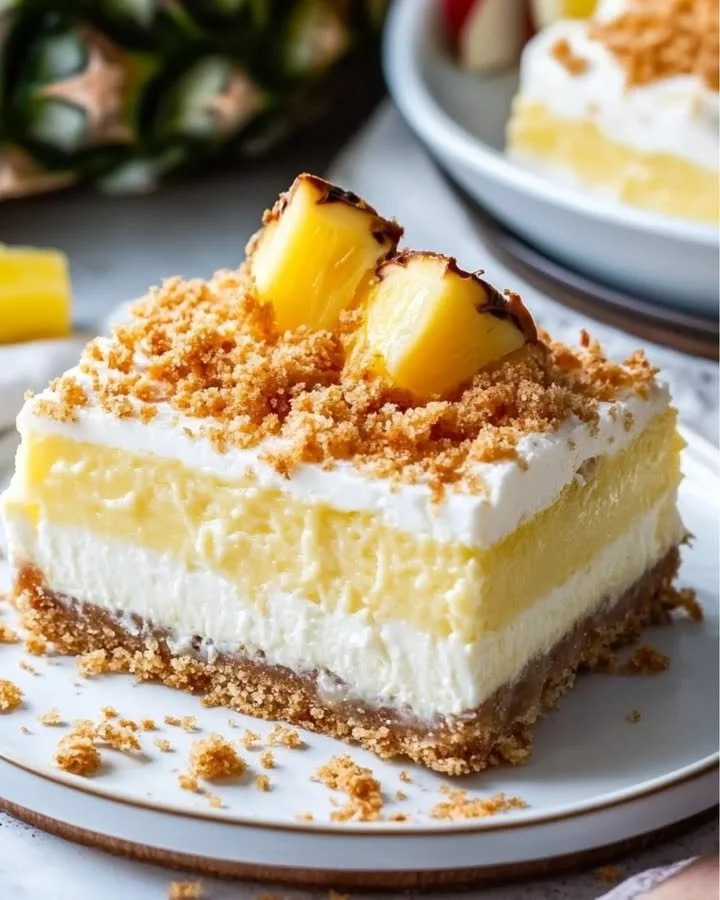 Pina Colada Cheesecake Bars topped with coconut and pineapple garnishes