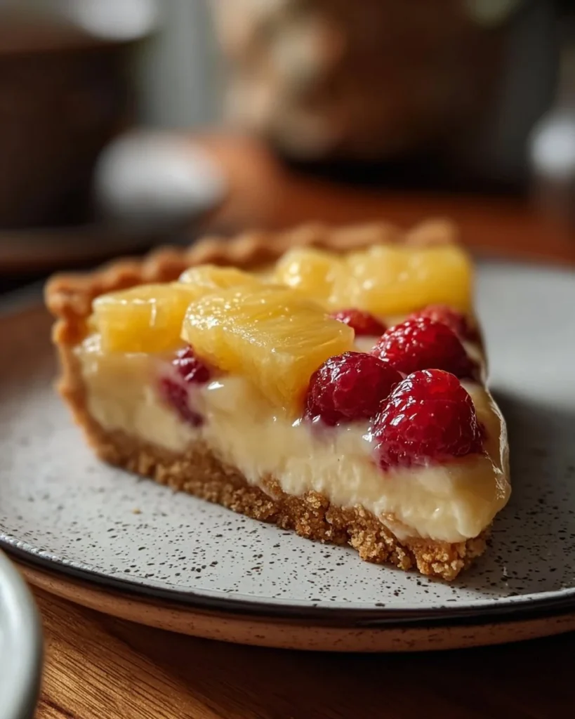 Delicious Pina Colada Pie with tropical flavors of pineapple and coconut