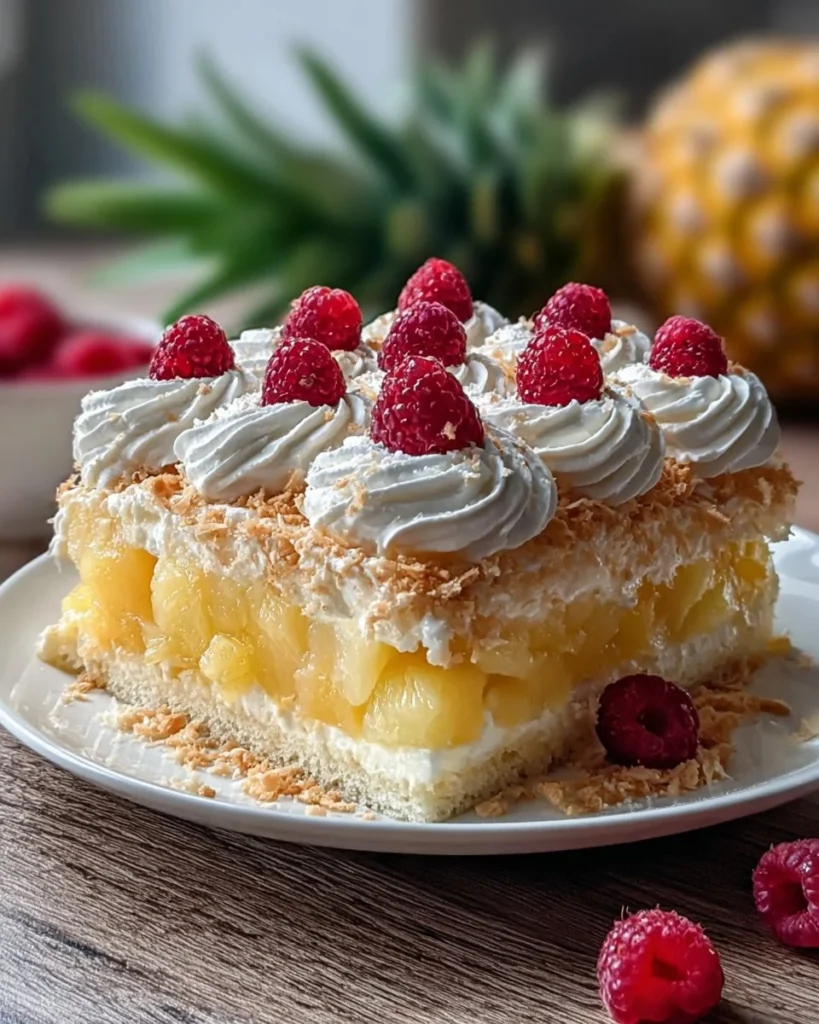 Delicious Pina Colada Poke Cake garnished with coconut and pineapple