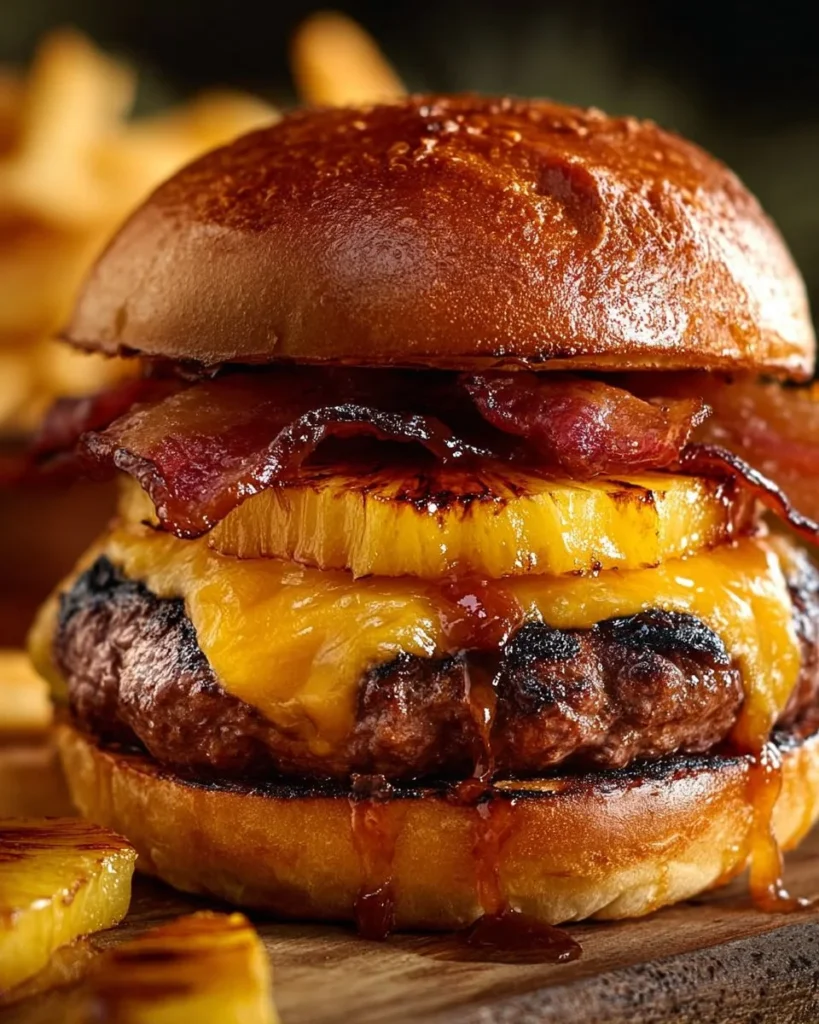 Pineapple Bacon BBQ Burger with grilled beef patty, bacon, and pineapple