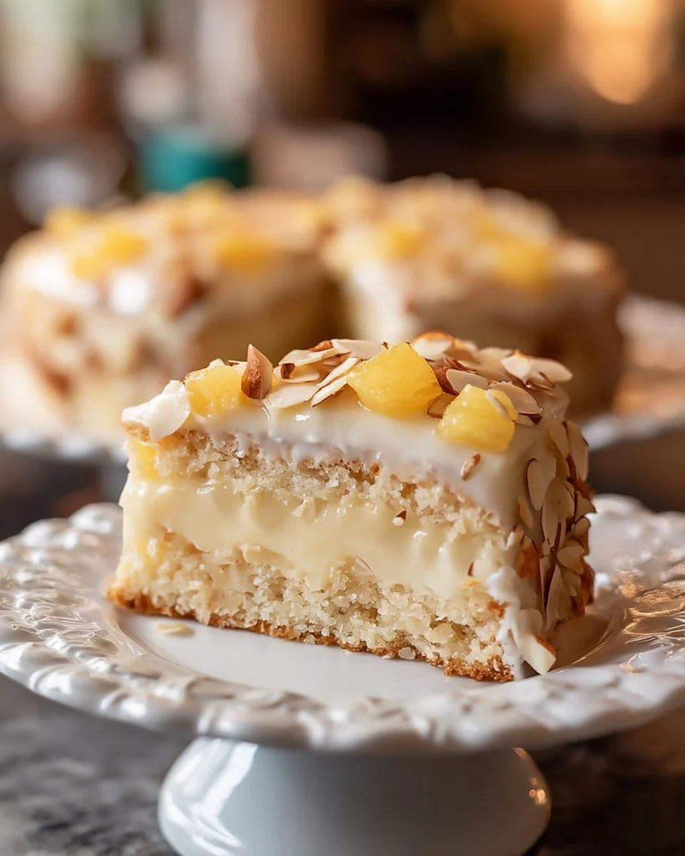 Freshly baked pineapple cake with tropical fruit decoration