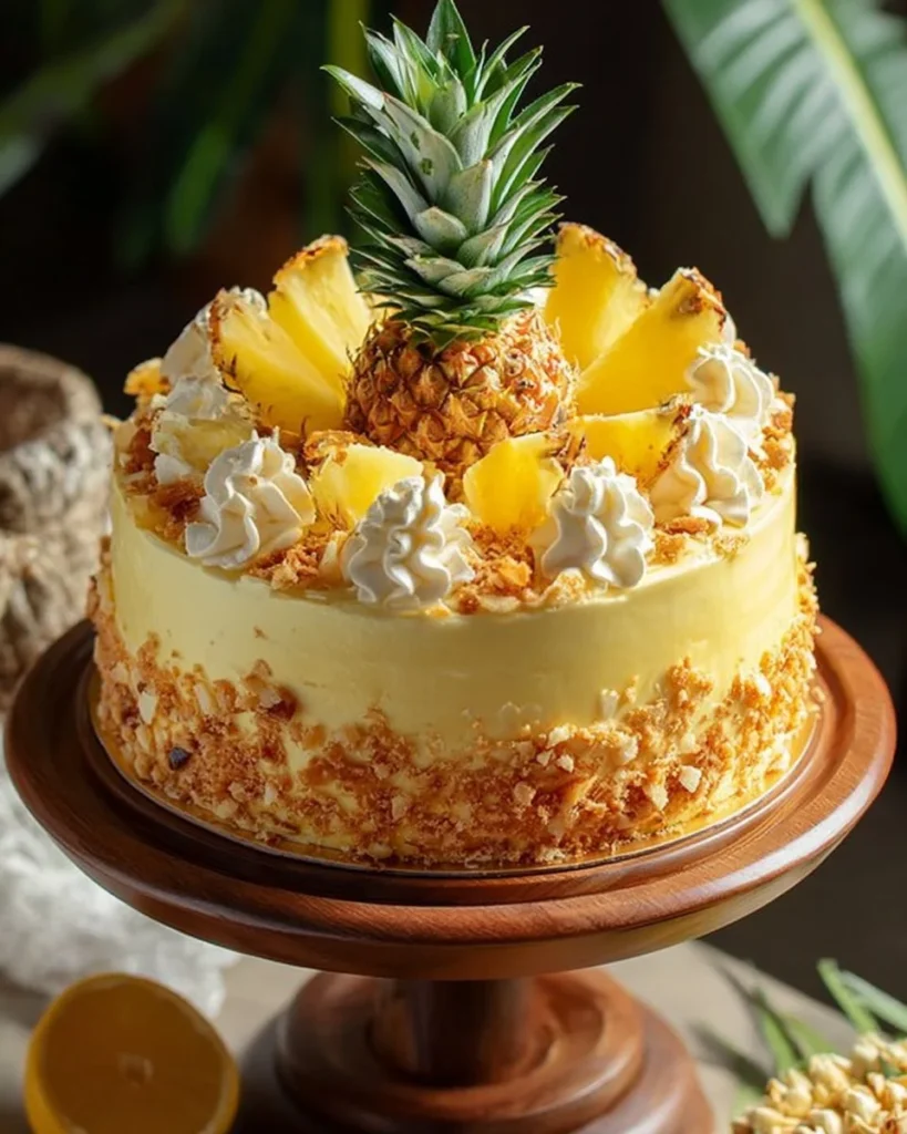 Delicious homemade pineapple cake with fresh pineapple topping