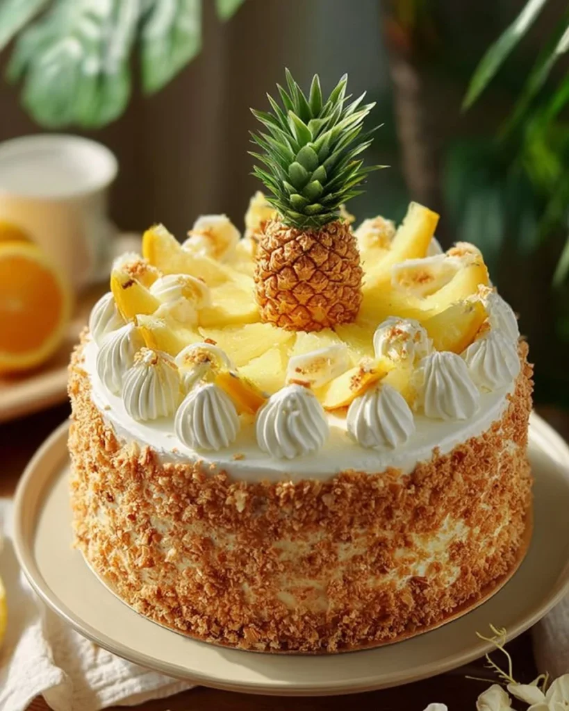 Delicious pineapple cake slice on a plate with fresh pineapple slices