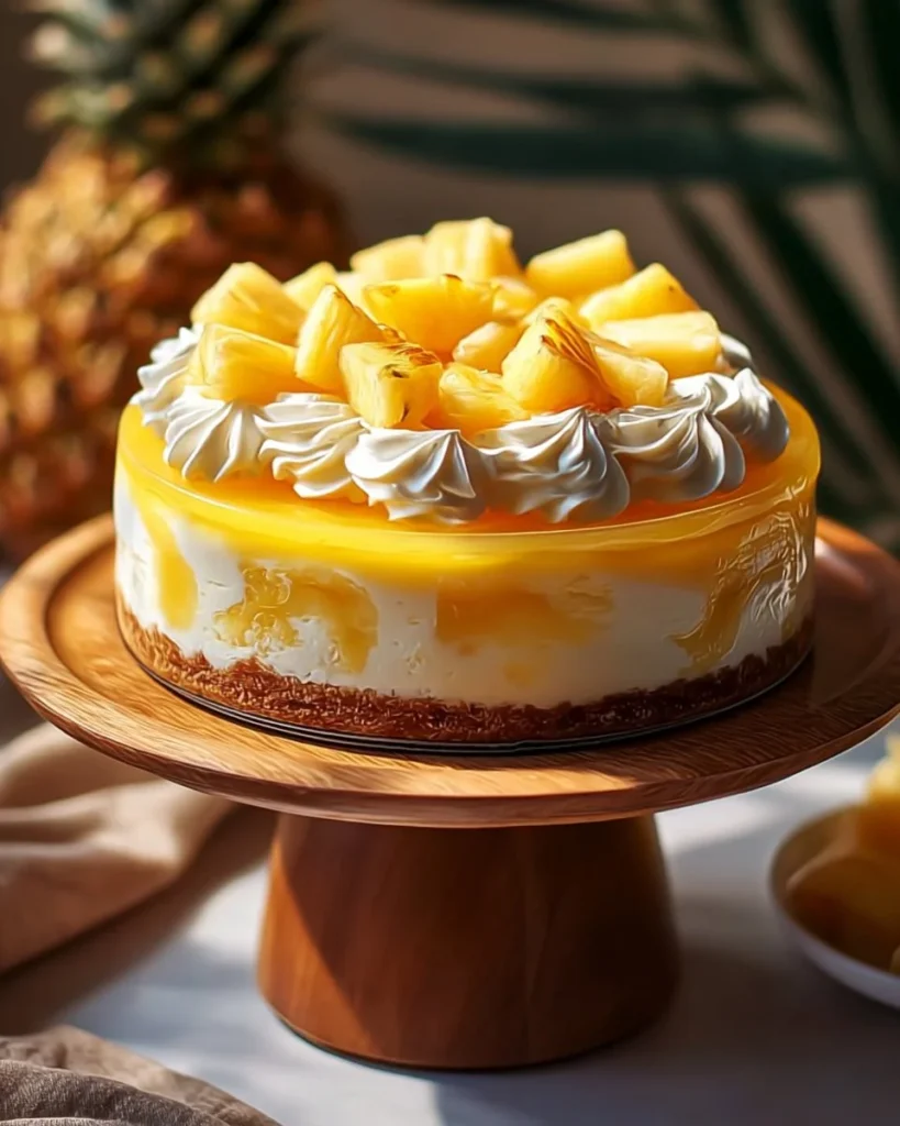 Slice of delicious Pineapple Cheesecake topped with pineapple chunks and whipped cream