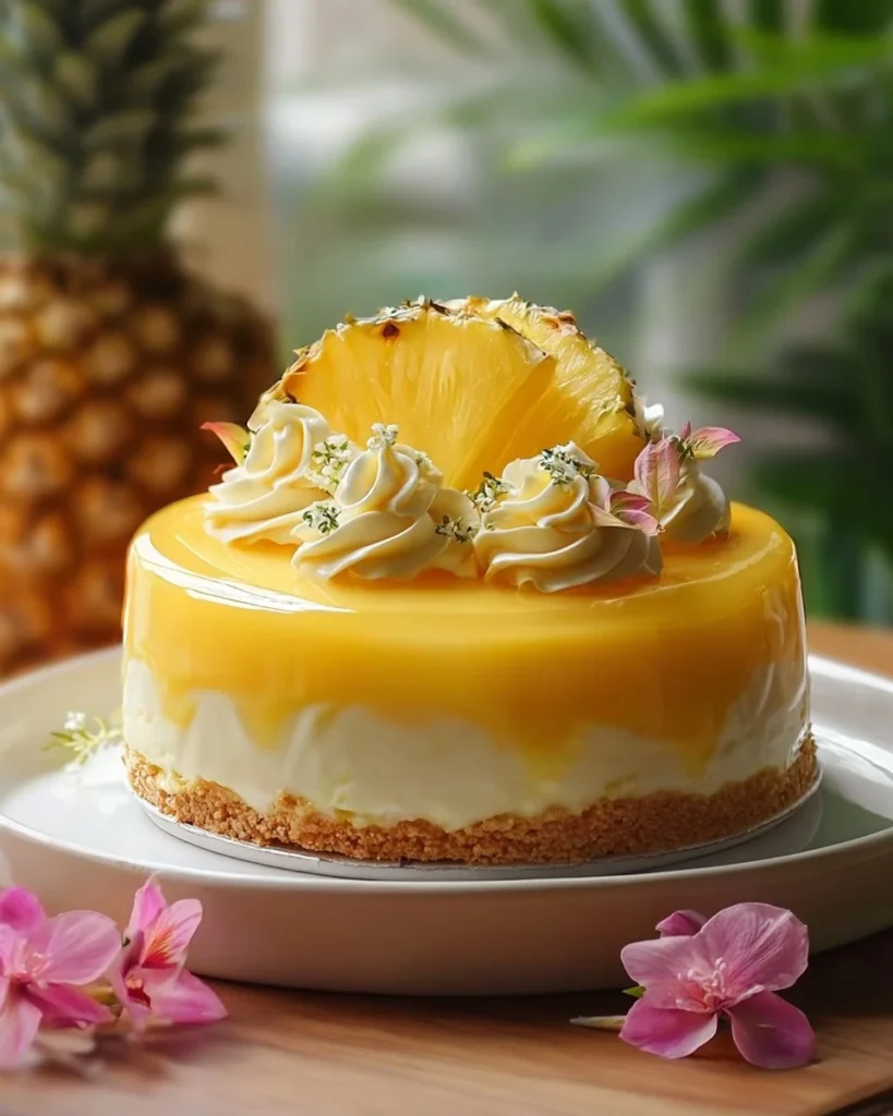 Delicious Pineapple Cheesecake topped with fresh pineapple slices
