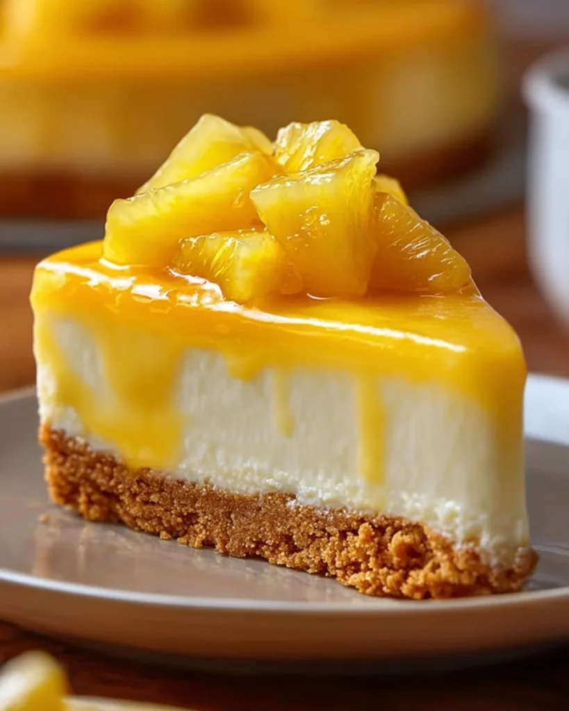 Delicious slice of pineapple cheesecake topped with fresh pineapple chunks
