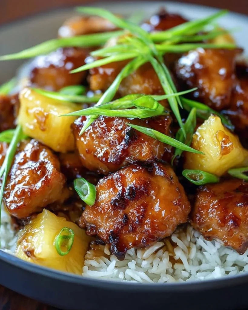 Delicious pineapple chicken served with rice, showcasing vibrant colors and textures.