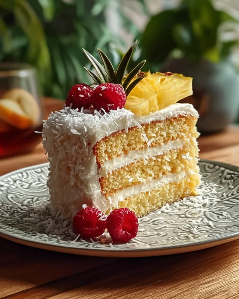 Deliciously moist Pineapple Coconut Cake topped with coconut flakes and pineapple slices