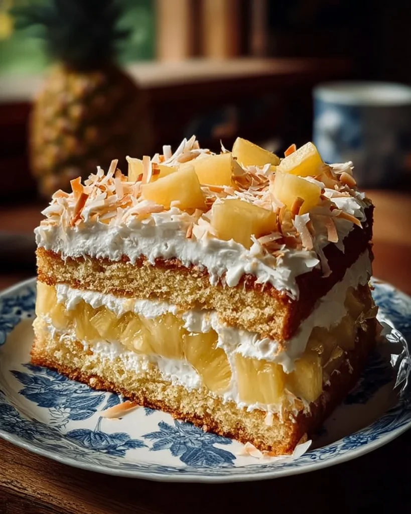 Delicious Pineapple Coconut Cake topped with coconut flakes and pineapple slices.