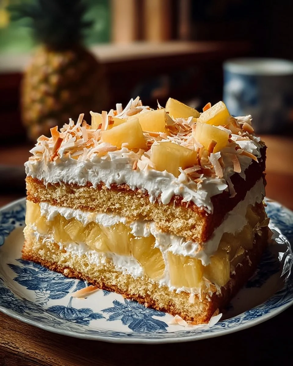 Delicious Pineapple Coconut Cake topped with coconut flakes and pineapple slices.