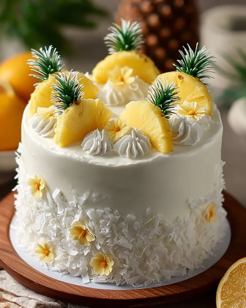 Slice of Pineapple Coconut Cake with tropical fruit decorations
