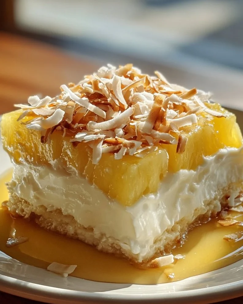 A slice of Pineapple Coconut Dream Cake topped with coconut flakes and pineapple chunks.