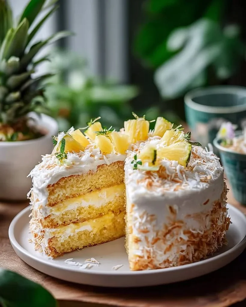 Slice of Pineapple Cream Cheese Cake with tropical garnishes