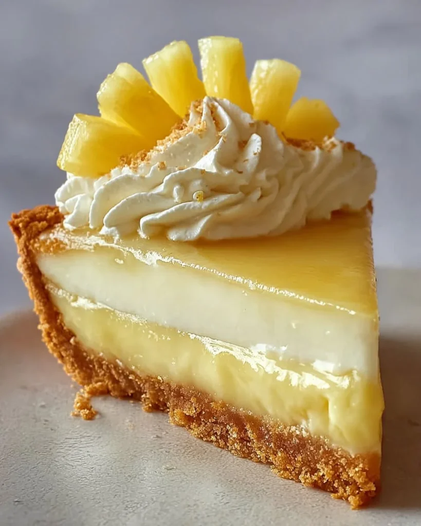 Delicious Pineapple Cream Cheese Pie topped with whipped cream on a plate