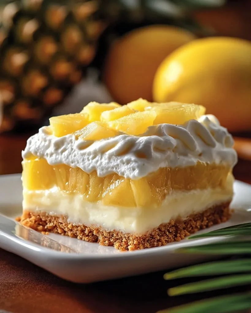 Delicious slice of Pineapple Cream Pie topped with whipped cream and pineapple slices