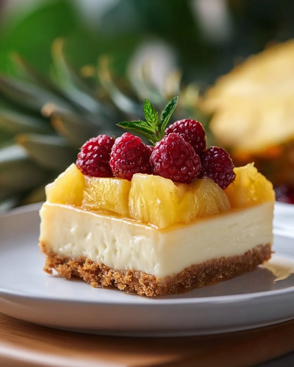 Delicious slice of Pineapple Heaven Cheesecake with fresh pineapple topping