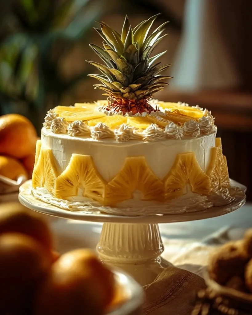 Delicious slice of Pineapple Paradise Cake topped with fresh pineapple and cream