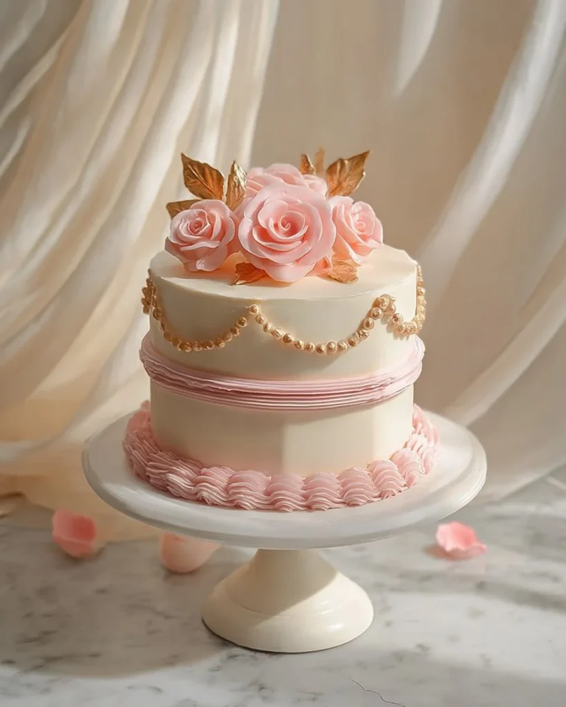 Pink and White Floral Cake decorated with fresh flowers and frosting