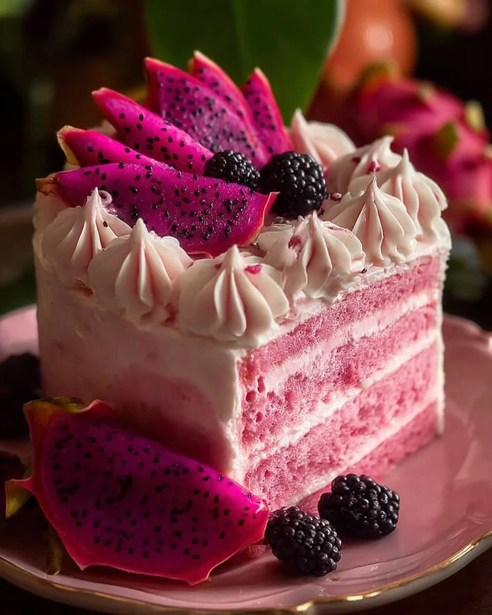 Pink dragon fruit layer cake decorated with fresh fruits and cream