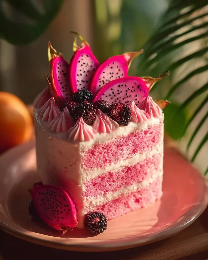 Pink dragon fruit layer cake with vibrant colors and decorative icing